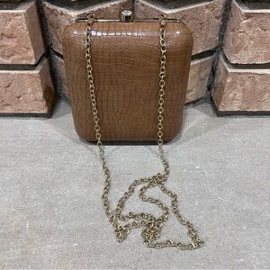 Elegant Brown Crocodile Embossed Evening Clutch Gold Frame & Crystal Top Closure